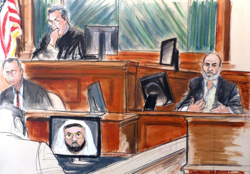 In this Wednesday, March 19, 2014, courtroom sketch Osama bin Laden's son-in-law, Sulaiman Abu Ghaith, right, testifies at his trial in New York, on charges he conspired to kill Americans and aid al Qaeda as a spokesman for the terrorist group. Abu Ghaith, who was convicted in March, is due in court on Tuesday Sept. 22, 2014, to face a possible life sentence for his role as the spokesman for al Qaeda following the Sept. 11, 2001, terror attacks. (AP Photo/Elizabeth Williams, File)