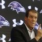 Baltimore Ravens owner Steve Bisciotti addresses the controversy surrounding former running back Ray Rice at an NFL football news conference, Monday, Sept. 22, 2014, in Owings Mills, Md. (AP Photo/Patrick Semansky)