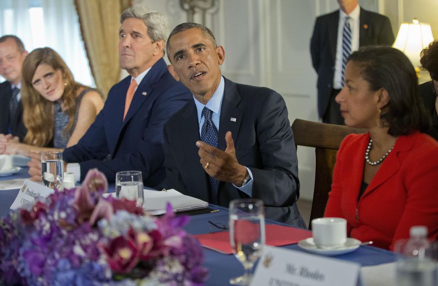 President Obama, flanked by Secretary of State John Kerry and National Security Adviser Susan Rice, speaks  during his meeting with the representatives of Bahrain, Qatar, Saudi Arabia, Jordan, United Arab Emirates and Iraq in New York, Tuesday, Sept. 23, 2014. (Associated Press) ** FILE **