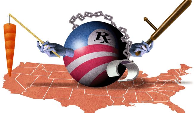 Illustration on the inherently punitive features of Obamacare by Alexander Hunter/The Washington Times