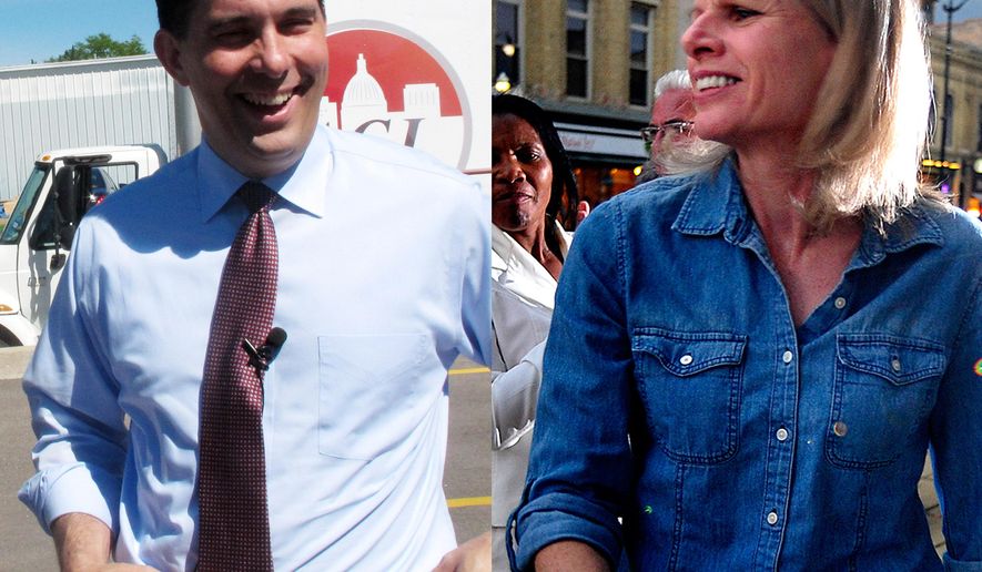 FILE - In this combination of 2014 file photos are Wisconsin Republican Gov. Scott Walker, left, and his Democratic challenger, Mary Burke, at campaign events in Wisconsin. (AP Photo/AP, Scott Bauer and The Journal Times, Scott Anderson)