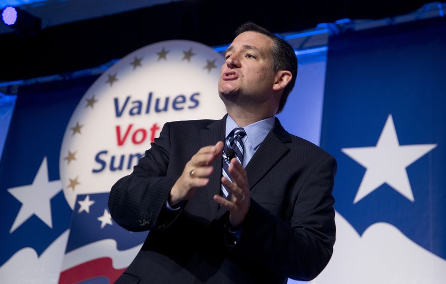 Sen. Ted Cruz, R-Texas, speaks at the 2014 Values Voter Summit in Washington, Friday, Sept. 26, 2014.  Prospective Republican presidential candidates are expected to promote religious liberty at home and abroad at a gathering of evangelical conservatives, rebuking an unpopular President Barack Obama while skirting divisive social issues that have tripped up the GOP. (AP Photo/Manuel Balce Ceneta)