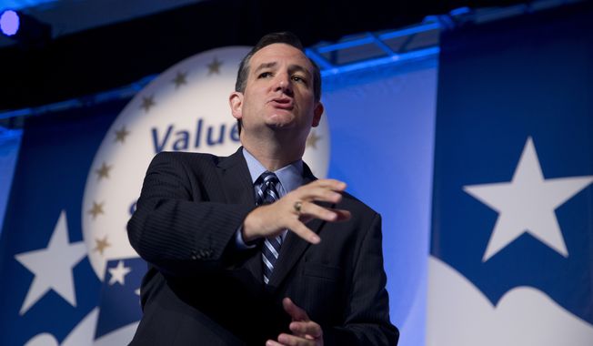 Sen. Ted Cruz, R-Texas, speaks at the 2014 Values Voter Summit in Washington, Friday, Sept. 26, 2014. Prospective Republican presidential candidates are expected to promote religious liberty at home and abroad at a gathering of evangelical conservatives, rebuking an unpopular President Barack Obama while skirting divisive social issues that have tripped up the GOP.  (AP Photo/Manuel Balce Ceneta)