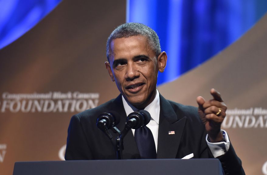 President Barack Obama speaks at the Congressional Black Caucus Foundation’s 44th Annual Legislative Conference Phoenix Awards Dinner in Washington, Saturday, Sept. 27, 2014. Obama told the audience that the mistrust of law enforcement that was exposed after the fatal police shooting in Ferguson, Missouri, has a corrosive effect on all of America, not just on black communities. (AP Photo/Susan Walsh)