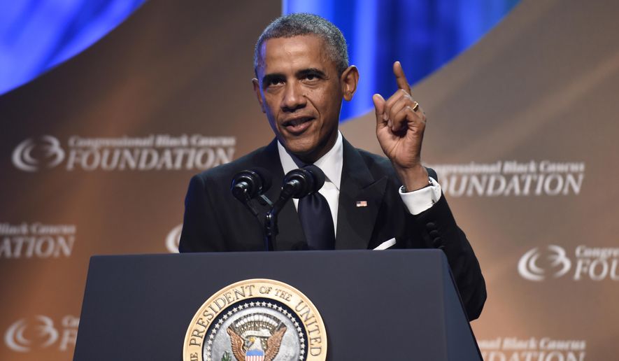 President Barack Obama speaks at the Congressional Black Caucus Foundation’s 44th Annual Legislative Conference Phoenix Awards Dinner in Washington, Saturday, Sept. 27, 2014. Obama told the audience that the mistrust of law enforcement that was exposed after the fatal police shooting in Ferguson, Missouri, has a corrosive effect on all of America, not just on black communities. (AP Photo/Susan Walsh)