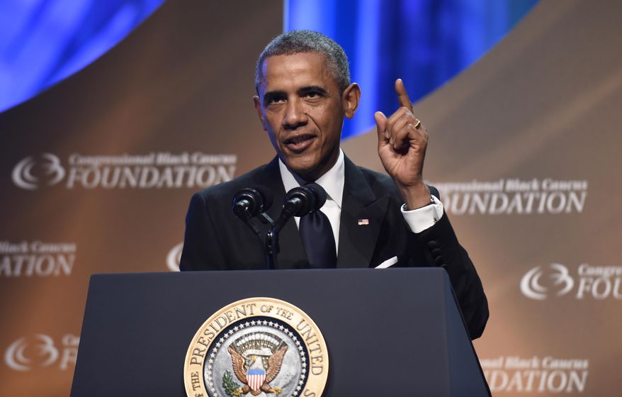 President Barack Obama speaks at the Congressional Black Caucus Foundation’s 44th Annual Legislative Conference Phoenix Awards Dinner in Washington, Saturday, Sept. 27, 2014. Obama told the audience that the mistrust of law enforcement that was exposed after the fatal police shooting in Ferguson, Missouri, has a corrosive effect on all of America, not just on black communities. (AP Photo/Susan Walsh)