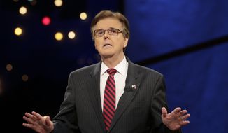 Then-state Sen. Dan Patrick, R-Houston, answers a questions during a televised debate with state Sen. Leticia Van de Putte, D-San Antonio, Monday, Sept. 29, 2014, in Austin, Texas. (AP Photo/Eric Gay, Pool) ** FILE **