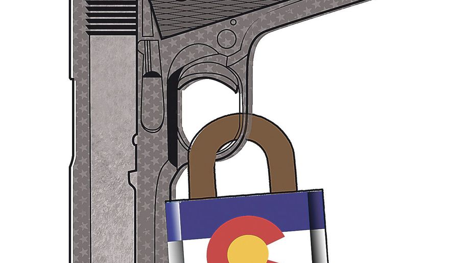 Illustration on gun control in Colorado by Linas Garsys/The Washington Times