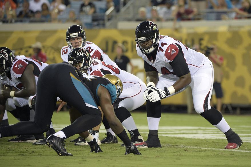 Atlanta Falcons tackle Terren Jones (74) sets up to block at the line of scrimmage during the second half of an NFL preseason football game against the Jacksonville Jaguars in Jacksonville, Fla., Thursday, Aug. 28, 2014.(AP Photo/Phelan M. Ebenhack)