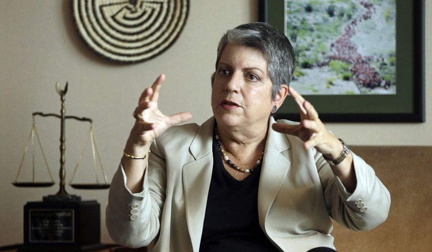 University of California President Janet Napolitano gestures while speaking to a reporter Tuesday, Sept. 30, 2014, in Oakland, Calif. Marking her one-year anniversary as leader of the 10-campus public college system, the former Homeland Security secretary said she shares the concerns of Californians who watched the percentage of nonresidents accepted rise sharply during the recession and that UC needs to look at whether it has struck “the right balance” between those higher-paying students and in-state students whose educations are partially funded by the state. (AP Photo/Ben Margot)