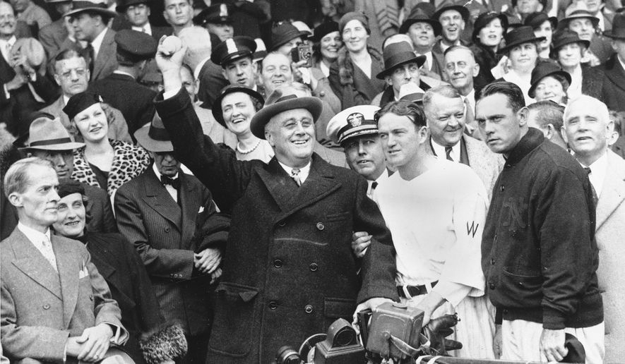 President Franklin D. Roosevelt uncorked an almost wild throw that sent the players scrambling, Oct. 5, 1933, at the start of the third game of the World Series in  Washington, D.C. Joe Cronin and Bill Terry, managers of the Senators and Giants respectively, are standing beside the Chief Executive. Terry has on the jacket. (AP Photo)