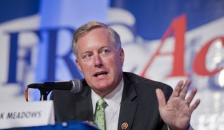 Rep. Mark Meadows, R-N.C. speaks at the 2014 Values Voter Summit in Washington, Friday, Sept. 26, 2014. Prospective Republican presidential candidates are expected to promote religious liberty at home and abroad at a gathering of evangelical conservatives, rebuking an unpopular President Barack Obama while skirting divisive social issues that have tripped up the GOP. (Associated Press) **FILE**