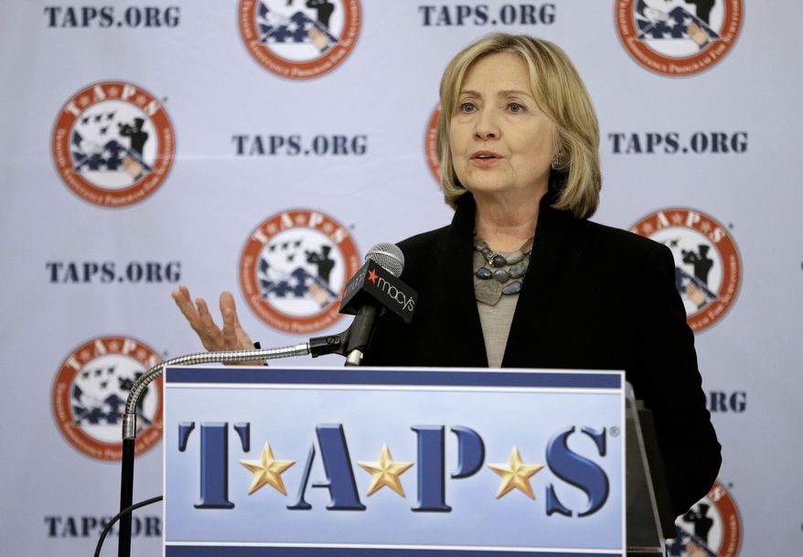 Former U.S. Secretary of State Hillary Rodham Clinton speaks before receiving a Lifetime Service Award from TAPS, Wednesday, Oct. 1, 2014, in New York. TAPS is a national nonprofit organization that cares for families of America’s fallen soldiers. (AP Photo/Frank Franklin II)