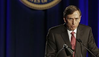David H. Petraeus, former Army general and head of the Central Intelligence Agency, speaks at the annual dinner for veterans and ROTC students at the University of Southern California, in downtown Los Angeles on March 26, 2013. It marked Petraeus&#39; first public remarks since he retired as head of the CIA after an extramarital affair scandal (Associated Press) **FILE**