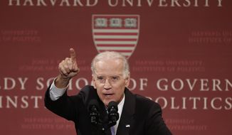 Vice President Joe Biden speaks to students faculty and staff at Harvard University&#39;s Kennedy School of Government in Cambridge, Mass. Thursday, Oct. 2, 2014. (AP Photo/Winslow Townson)