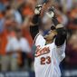 Baltimore Orioles designated hitter Nelson Cruz gestures after his two-run home run in the first inning against the Detroit Tigers during Game 1 of baseball&#39;s AL Division Series, Thursday, Oct. 2, 2014, in Baltimore. (AP Photo/Nick Wass)