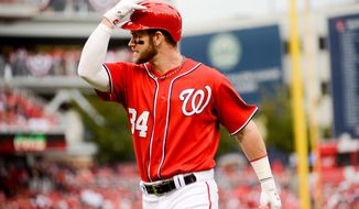 Washington Nationals left fielder Bryce Harper (34) shows his frustration as he pops out in the second inning as the Washington Nationals play the San Francisco Giants at Nationals Park for Game 1 of the National League Division Series, Washington, D.C., Friday, October 3, 2014. (Andrew Harnik/The Washington Times)