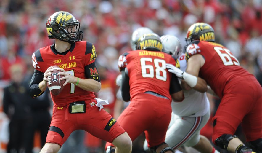 Maryland quarterback Caleb Rowe looks to pass against Ohio State during the second half of an NCAA college football game in College Park, Md., Saturday, Oct. 4, 2014. Ohio State won 52-24. (AP Photo/Gail Burton)