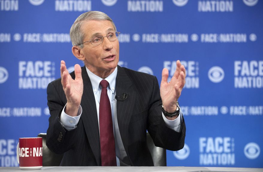 In this photo provided by CBS News, the National Institute of Health's Dr. Anthony Fauci, the nation's top infectious disease expert, speaks on CBS's "Face the Nation" in Washington. Speaking on the Ebola virus, Fauci said it's perfectly normal to feel anxious about a disease that kills so fast and is ravaging parts of West Africa, but predicts there won't be an outbreak in the U.S. (AP Photo/CBS News, Chris Usher)