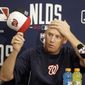 Washington Nationals&#39; manager Matt Williams  removes his cap while answering questions during a news conference Sunday, Oct. 5, 2014, in San Francisco. The Giants are scheduled to face the Washington Nationals in Game 3 of the NL Division Baseball Series on Monday. (AP Photo/Ben Margot)
