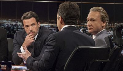 In this Friday, Oct. 3, 2014, image released by HBO, host Bill Maher, right, and actor Ben Affleck, left, look on as Sam Harris, author of &quot;Waking Up: A Guide to Spirituality Without Religion&quot;, speaks during &quot;Real Time With Bill Maher,&quot; in Los Angeles. (AP Photo/HBO)