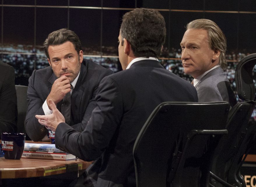 In this Friday, Oct. 3, 2014, image released by HBO, host Bill Maher, right, and actor Ben Affleck, left, look on as Sam Harris, author of &quot;Waking Up: A Guide to Spirituality Without Religion&quot;, speaks during &quot;Real Time With Bill Maher,&quot; in Los Angeles. (AP Photo/HBO)