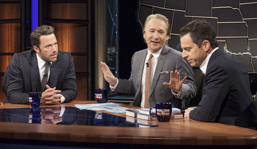 HBO&#39;s Bill Maher, center, talks with actor Ben Affleck, left, and Sam Harris, author of &quot;Waking Up: A Guide to Spirituality Without Religion&quot;, during &quot;Real Time With Bill Maher,&quot; in Los Angeles, Oct. 3, 2014. (AP Photo/HBO) ** FILE**