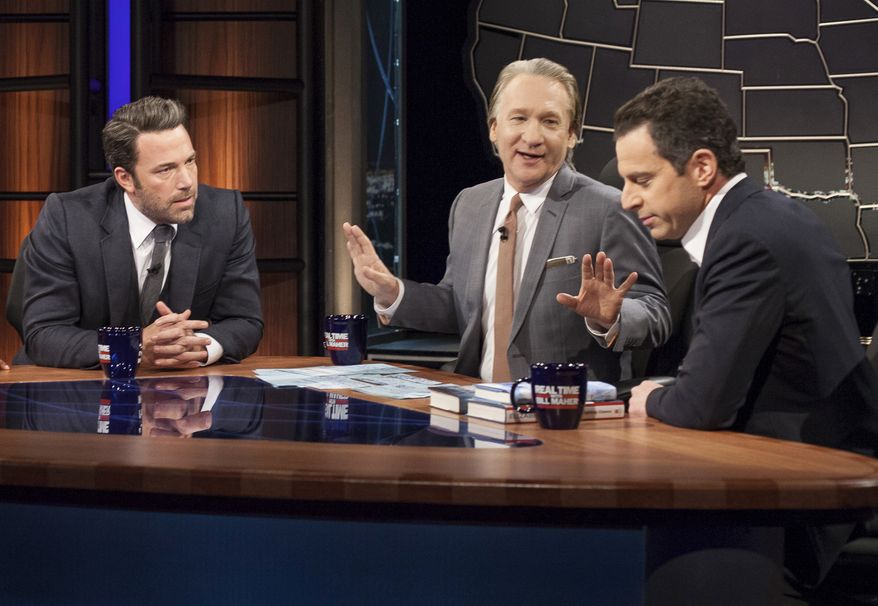 HBO&#39;s Bill Maher, center, talks with actor Ben Affleck, left, and Sam Harris, author of &quot;Waking Up: A Guide to Spirituality Without Religion&quot;, during &quot;Real Time With Bill Maher,&quot; in Los Angeles, Oct. 3, 2014. (AP Photo/HBO) ** FILE**