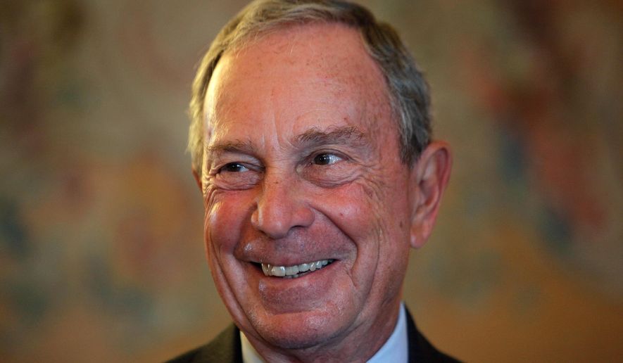 In this Tuesday, Sept. 16, 2014, file photo, former New York Mayor Michael Bloomberg smiles prior to be conferred with the Chevalier de la Legion d&#x27;Honneur by France&#x27;s Foreign minister Laurent Fabius, at the Quai d&#x27;Orsay, in Paris. (AP Photo/Thibault Camus, File)