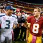 Seattle Seahawks quarterback Russell Wilson (3) and Washington Redskins quarterback Kirk Cousins (8) talk together after the Washington Redskins lose to the Seattle Seahawks 27-17 in Monday Night Football at FedExField, Landover, Md., Monday, October 6, 2014. (Andrew Harnik/The Washington Times)