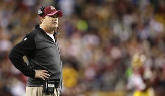 Washington Redskins head coach Jay Gruden watches the action from the sidelines during the first half of an NFL football game against the Seattle Seahawks in Landover, Md., Monday, Oct. 6, 2014. (AP Photo/Patrick Semansky)