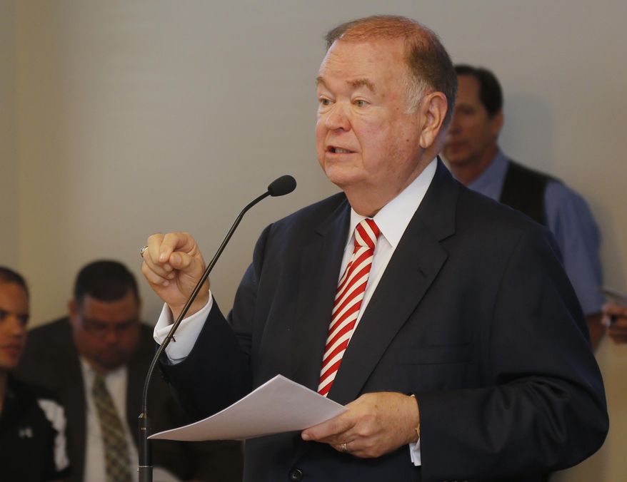 University of Oklahoma President David Boren speaks to a joint hearing of the Oklahoma House committees on public safety and higher education in Oklahoma City, Wednesday, Oct. 8, 2014. Boren said that allowing more students and faculty members at colleges and universities to carry guns on campus would be a serious mistake and jeopardize the safety of the public. (AP Photo/Sue Ogrocki)