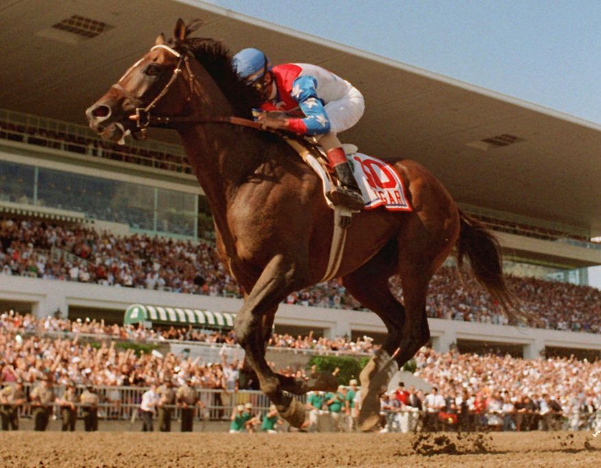 FILE - In this July 13, 1996, file photo, Jerry Bailey rides Cigar to victory in the Arlington Citation Challenge, in Arlington Heights, Ill. Cigar, the two-time Horse of the Year whose 16-race winning streak is considered one of racing's greatest achievements, died Tuesday night, Oct. 7, 2014, in Lexington, Ky. He was 24. (AP Photo/Jane Gibson, File)
