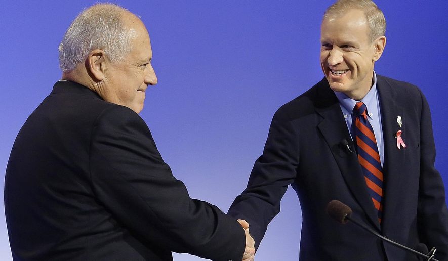 In this Thursday, Oct. 9, 2014 photo, Democratic Illinois Gov. Pat Quinn, left, and Illinois Republican gubernatorial candidate Bruce Rauner shake hands during the first televised debate in Peoria Ill. Three major Illinois newspapers have endorsed Rauner over Quinn. Quinn tells reporters he knows he won't win the "newspaper endorsement battle" and it's more important to get the voters' endorsement. (AP Photo/Seth Perlman)