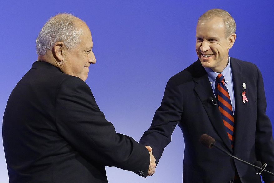 In this Thursday, Oct. 9, 2014 photo, Democratic Illinois Gov. Pat Quinn, left, and Illinois Republican gubernatorial candidate Bruce Rauner shake hands during the first televised debate in Peoria Ill. Three major Illinois newspapers have endorsed Rauner over Quinn. Quinn tells reporters he knows he won't win the "newspaper endorsement battle" and it's more important to get the voters' endorsement. (AP Photo/Seth Perlman)