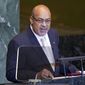Suriname&#39;s President Desire Delano Bouterse speaks at the 66th session of the United Nations General Assembly at U.N. headquarters on Thursday, Sept. 22, 2011. (AP Photo/Andrew Burton)