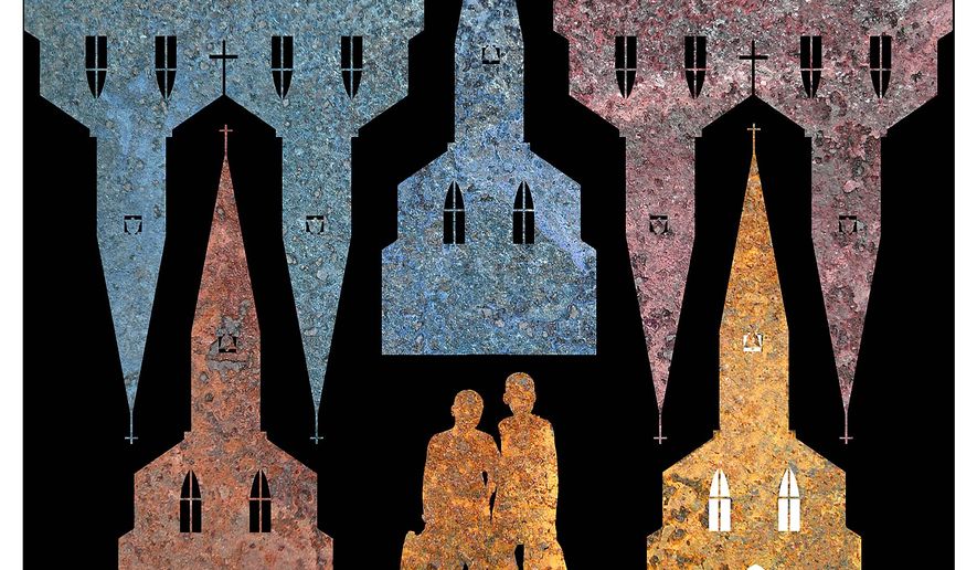Illustration on Christian churches role in caring for refugees by Alexander Hunter/The Washington Times