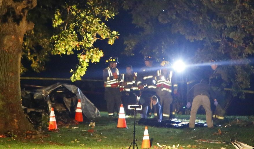 First responders work early Tuesday, Oct. 14, 2014, at the scene of a plane crash near Dubuque Regional Airport, in Dubuque, Iowa. The pilot was killed in the crash. (AP Photo/The Telegraph Herald, Mike Burley)