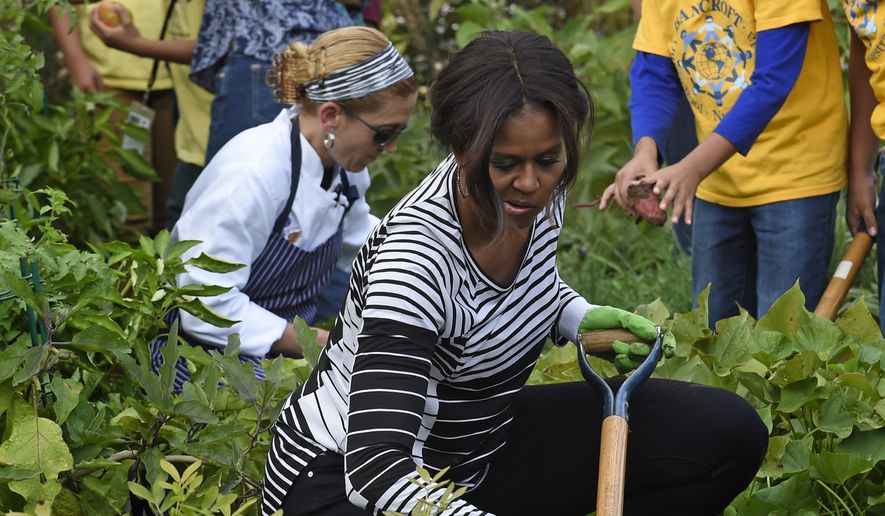 First lady Michelle Obama is joined by school children as they harvest peanuts in the annual fall harvest of the White House Kitchen Garden at the White House in Washington, Tuesday, Oct. 14, 2014. (AP Photo/Susan Walsh) ** FILE **