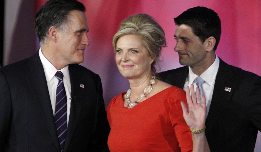 FILE - In this Nov. 7, 2012, file photo, Republican presidential candidate and former Massachusetts Gov. Mitt Romney, left, speaks to his running mate, vice presidential candidate, Rep. Paul Ryan, right, R-Wis., as Romney&#x27;s wife Ann waves to supporters after Romney conceded the race during his election night rally in Boston. Romney and his wife Ann announce an initiative to accelerate treatment and cures for complex neurological diseases, in partnership with Boston&amp;#8217;s Brigham and Women&amp;#8217;s Hospital. (AP Photo/Stephan Savoia, File)