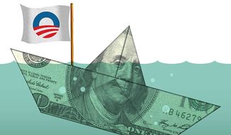 Illustration on Obama&#x27;s economy by Alexander Hunter/The Washington Times