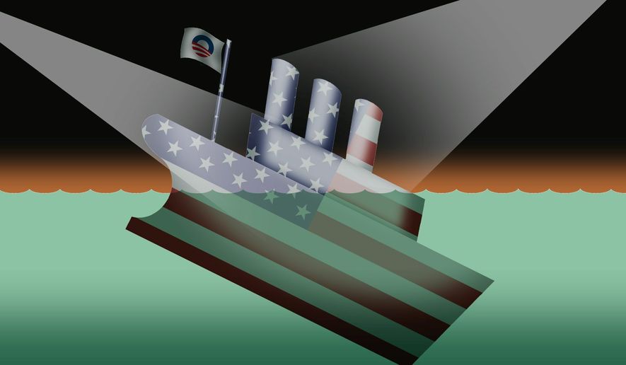 Illustration on the political abandonment of the failing Obama administration by Alexander Hunter/The Washington Times