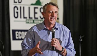 FILE - This Wednesday Oct. 15, 2014 file photo Republican U.S. Senate candidate, Ed Gillespie speaks during a rally in Ashland, Va.  Gillespie is ditching television ads in the state with less than three weeks before he faces US Sen. Mark Warner, D-Va., on Election Day. (AP Photo/Steve Helber)