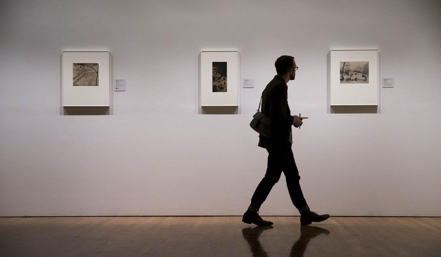 A man views photographs by Paul Strand Thursday, Oct. 16, 2014, during a preview at the Philadelphia Museum of Art in Philadelphia. The exhibition Paul Strand: Master of Modern Photography is scheduled to run from Oct. 21, 2014 to Jan. 4, 2015 (AP Photo/Matt Rourke)
