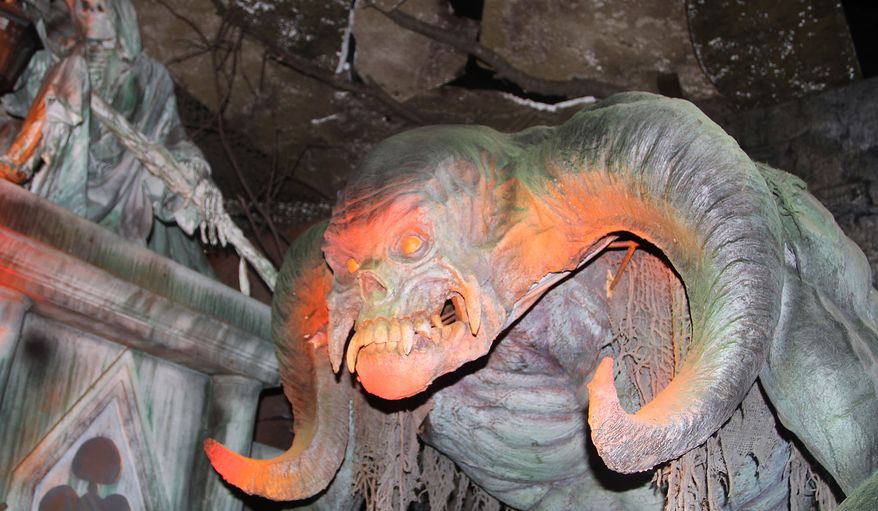 A massive horned creature greets guests to the the maze Inferno 3D at Bennett's Curse in Jessup, Maryland. (Photograph by Jacquie Kubin / Special to The Washington Times)