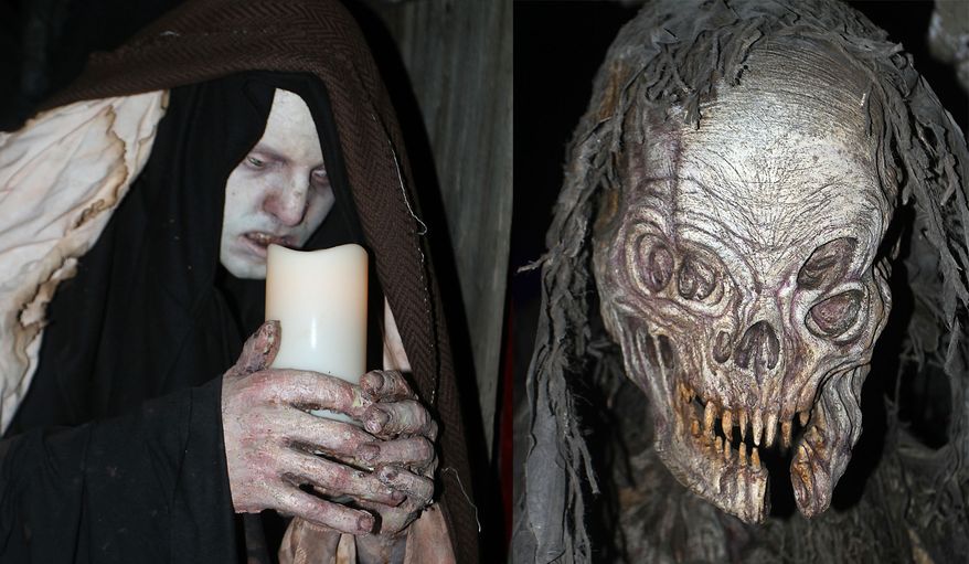 A robed monk and monsters co-star at Bennett's Curse in Jessup, Maryland. (Photograph by Jacquie Kubin / Special to The Washington Times)