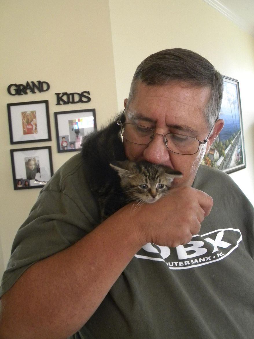 ADVANCE FOR MONDAY OCT. 20 AND THEREAFTER- This Tuesday Oct. 14, 2014 photo shows John Kracke as he holds a 5-week-old kitten named Sparky in Charles Town, W.Va. Sparky was found in the middle of U.S. 340 one morning with its eyes matted shut, unable to see when it was just three weeks old. Although animal shelters and foster owners around the Eastern Panhandle have struggled for years to find a way to decrease the stray cat population. (AP Photo/The Journal, Chelsea DeMello)