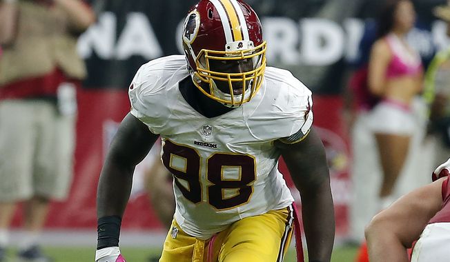 Washington Redskins outside linebacker Brian Orakpo (98) during the first quarter of an NFL football game against then Arizona Cardinals, Sunday, Oct. 12, 2014 in Glendale, Ariz. (AP Photo/Rick Scuteri)
          