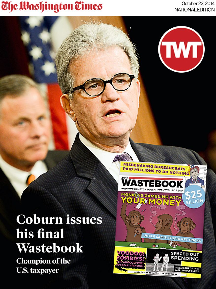 National Edition News cover for October 22, 2014 - Coburn issues his final Wastebook: Sen. Richard Burr (R-N.C.), left, listens as Sen. Tom Coburn (R-Okla.), right, speaks at a news conference on Capitol Hill to introduce the Veterans Choice Act, which would provide veterans "with greater flexibility and choice in health care providers and increasing accountability and transparency at the VA, Washington, D.C., Tuesday, June 3, 2014. (Andrew Harnik/The Washington Times)