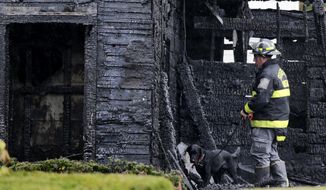 An arson detection dog and investigator from the State Fire Marshal&#39;s office search through debris after an apartment fire in Lawrence, Mass., Tuesday, Oct. 21, 2014. Two children died in the blaze. (AP Photo/Charles Krupa)